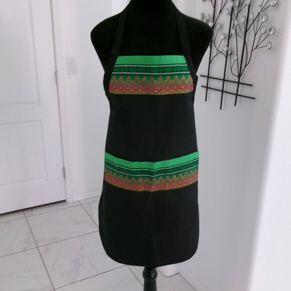 New Black Batik Green Gold Metallic Fuchsia Pink Over the Head Apron Pockets - Picture 5 of 12